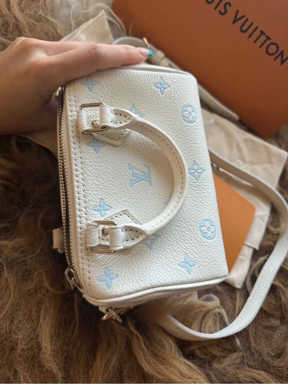 Louis Vuitton White Mini Speedy with Light Blue Monogram